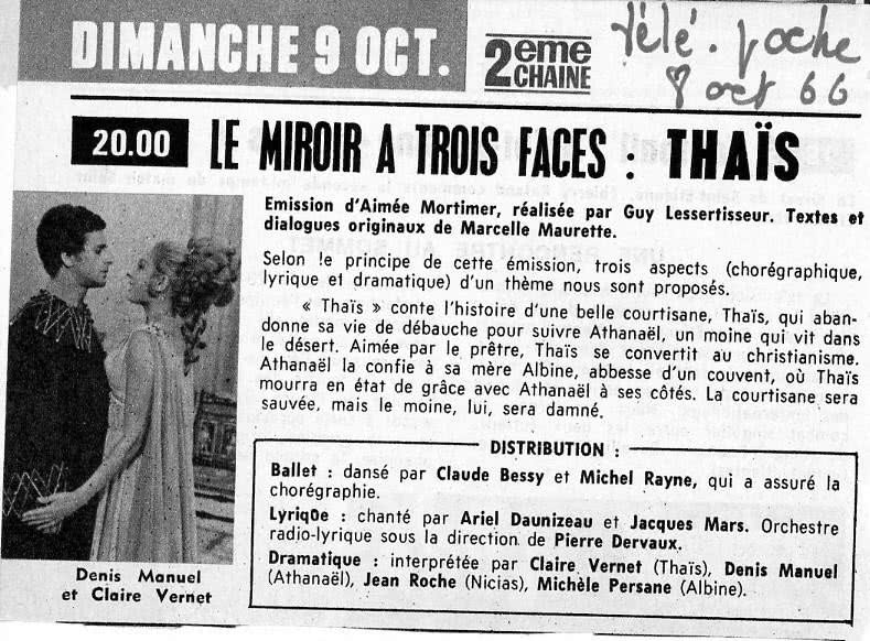 Ariel Daunizeau Le miroir à 3 faces Thaïs télé poche 8 octobre 1966